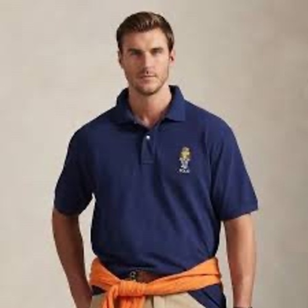 Polo Ralph Lauren Mens Navy Blue Polo Bear Embroidered Pique Shirt XL
